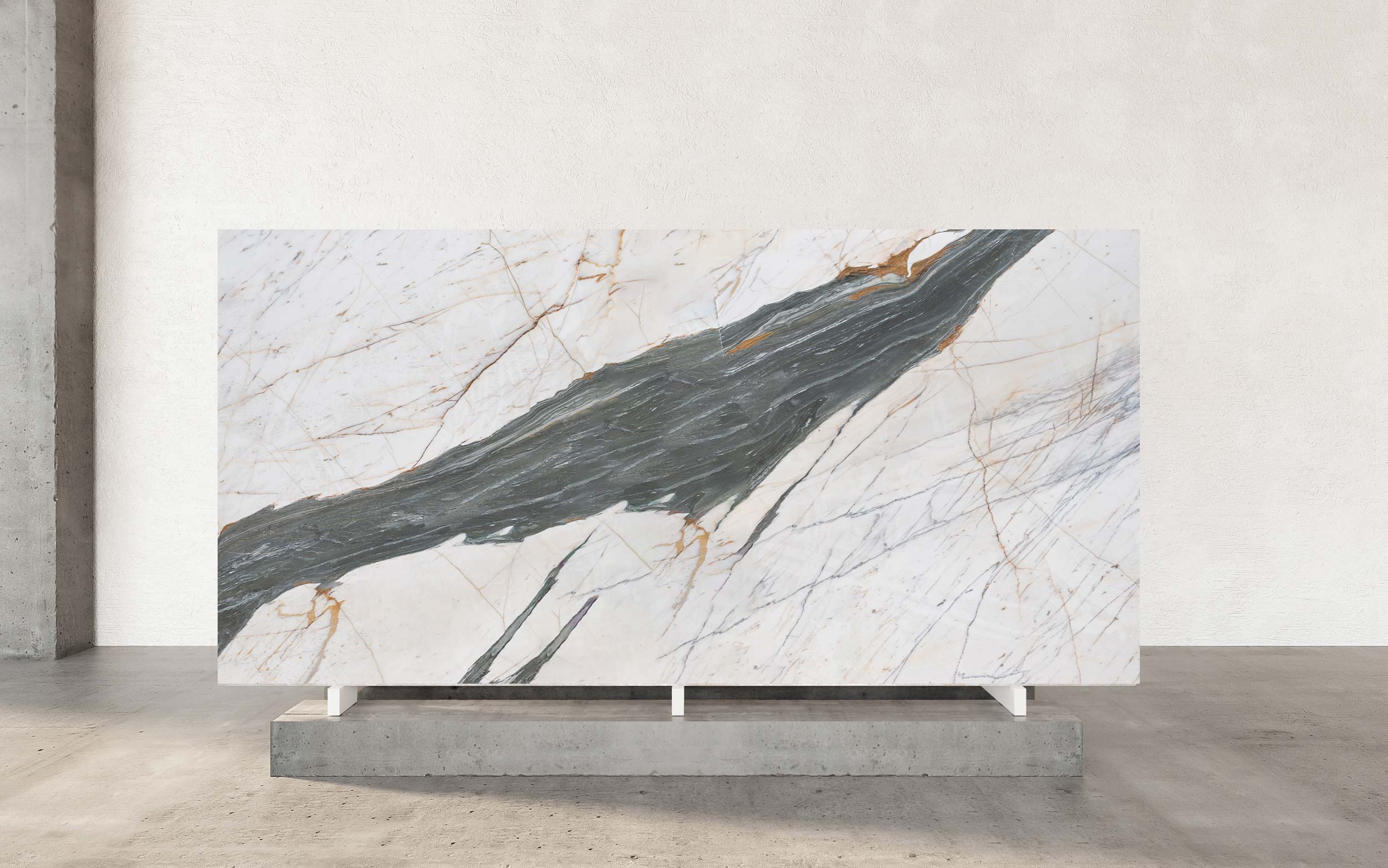 Statuario Black Marble is a masterpiece of contrasts, presenting a crisp white base that serves as a canvas for its striking natural patterns. Delicate light brown and narrow gold veins flow across the surface, adding a touch of warmth and understated luxury. The centerpiece of this extraordinary slab is a bold black and dark silver vein that cuts diagonally from corner to corner, drawing the eye and creating a dramatic sense of movement. This unique interplay of subtle and bold elements imbues Statuario Black with a layered sophistication, making it a true work of art. Ideal for a variety of high-end design applications, this marble is as versatile as it is captivating. Its distinct veining and rich character make it a standout choice for countertops, feature walls, and floors, where its intricate details can shine. Whether incorporated into sleek contemporary spaces or paired with traditional decor for a timeless appeal, Statuario Black transforms interiors into luxurious and memorable environments. Every slab is a statement of natural beauty, precision, and elegance.