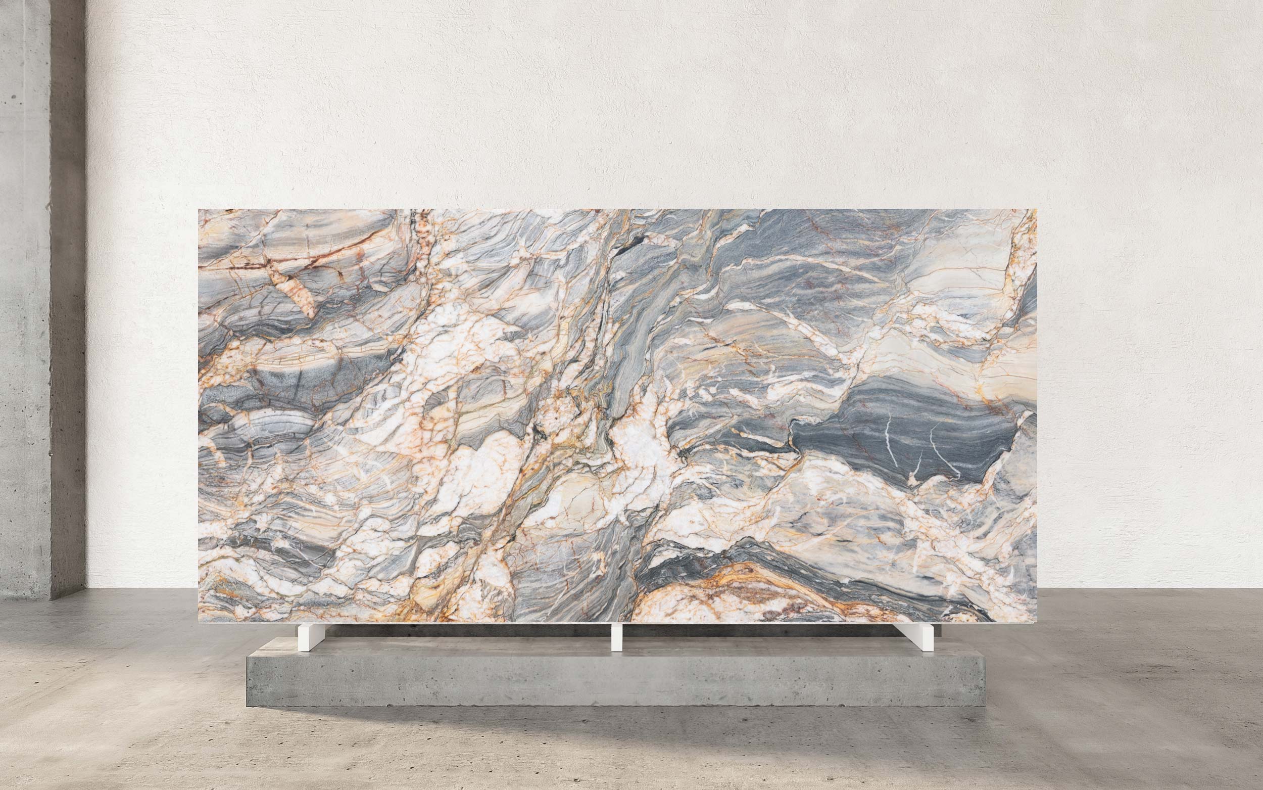 Tempest Crystal Polished Quartzite captivates with its powerful natural artistry, anchored by a deep, dark grey base. This stone stands out for its excessive, intertwining veining, creating a visual landscape that is both intricate and compelling. The polished finish reveals a striking array of prominent white, warm light brown, and bold yellow veins as they weave and intersect across the slab. Each piece is distinct, with dynamic movement and rich contrast providing an unmistakable presence in any luxury setting. Beyond its striking appearance, Tempest Crystal Polished Quartzite offers dependable durability—well-suited for high-traffic installations such as kitchen countertops, islands, feature walls, and elegant fireplace. The unique complexity of the veining complements both contemporary and classic interiors, forming a foundation for truly distinctive designs. Tempest Crystal imparts a refined energy and enduring elegance that elevate the atmosphere of any environment.